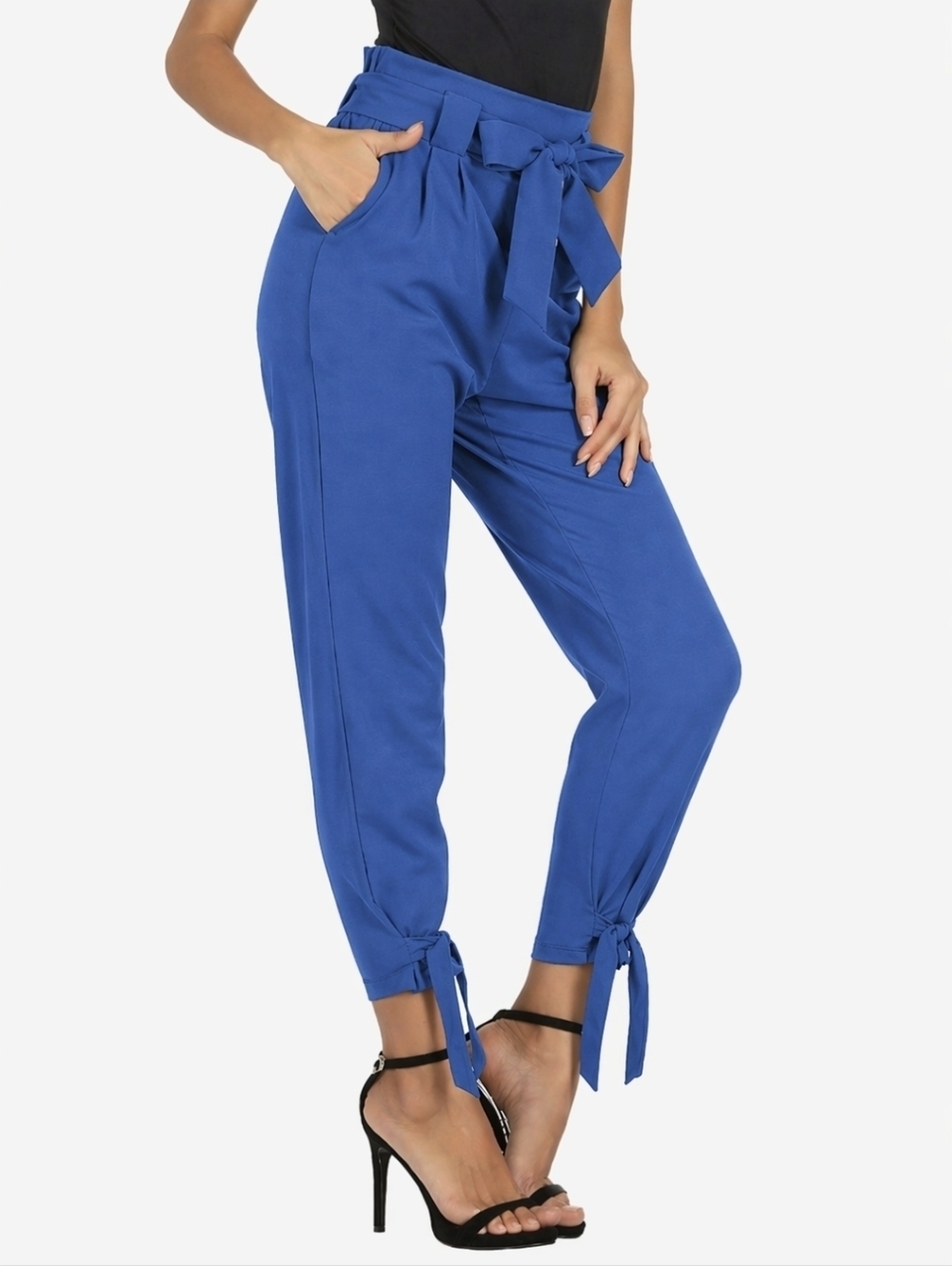 Grace Karin Blue High-Waist Paper Bag Pencil Pants with Ankle Bow-Knot, Sz Small